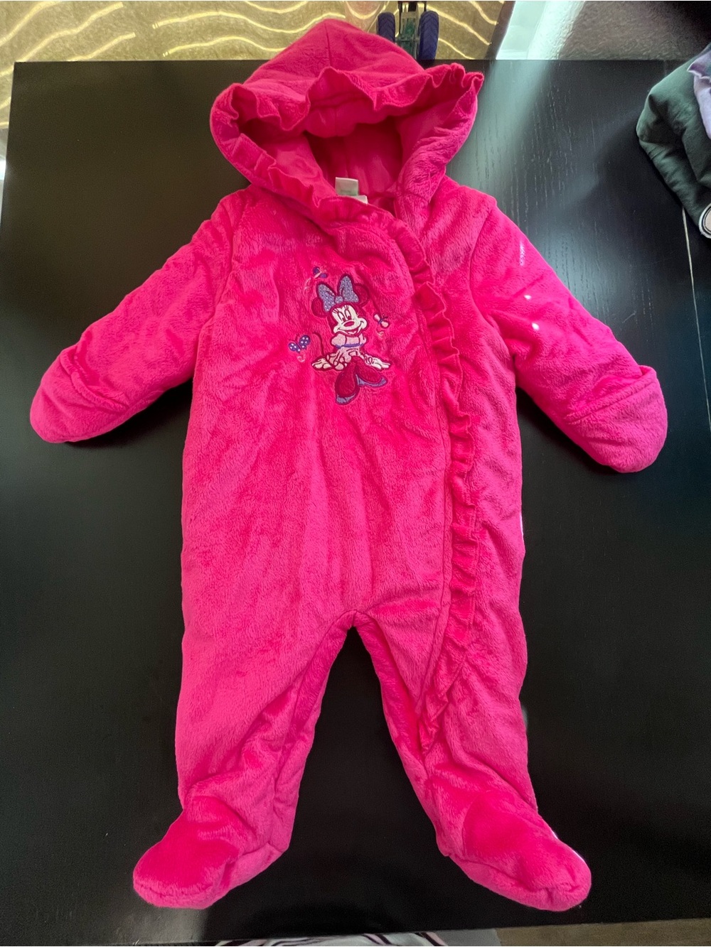 Vintage Disney Hot Pink Minnie Mouse Fleece Hooded One-Piece Footie